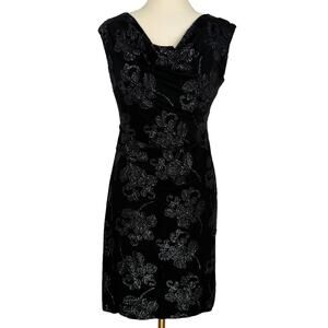 SCARLETT | Black Floral Glitter‎ Draped Neck Pencil Midi Dress | Women's 10